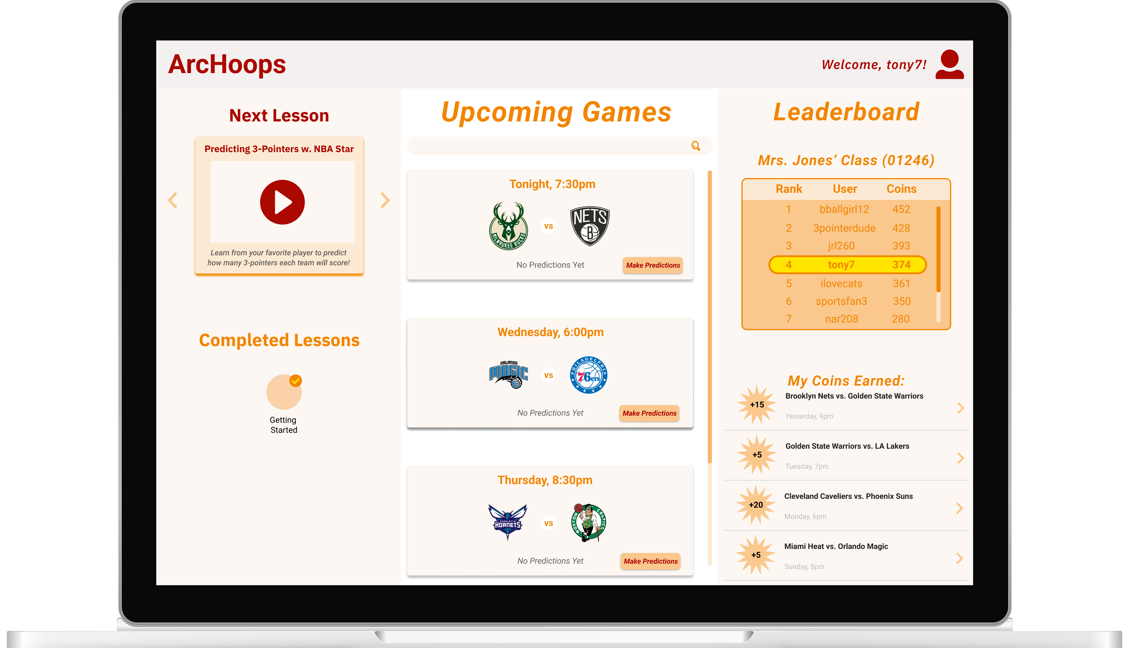 ArcHoops Student Home Screen