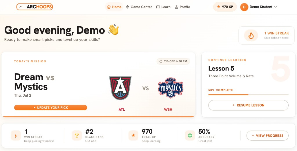 ArcHoops home dashboard showing today's mission, learning progress, XP stats, and class leaderboard